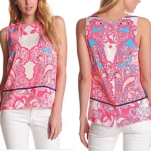 Lilly Pulitzer Iona Shell Engineered Safari silk pink white blue back buttons - Picture 1 of 13